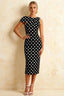 Henrietta Black Polka Dot Asymmetric Neck Midi Dress With Bow