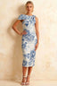 Henrietta Blue and White Floral Asymmetric Neck Midi Dress With Bow