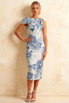 Henrietta Blue and White Floral Asymmetric Neck Midi Dress With Bow