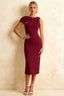 Henrietta Burgundy Asymmetric Neck Midi Dress With Bow