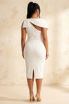 Henrietta White Asymmetric Neck Midi Dress With Bow