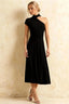 Ida Black Asymmetric Neck Midi Dress with Scarf Detail