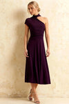Ida Grape Asymmetric Neck Midi Dress with Scarf Detail