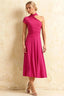 Ida Hot Pink Asymmetric Neck Midi Dress with Scarf Detail