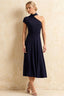 Ida Navy Blue Asymmetric Neck Midi Dress with Scarf Detail