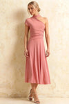 Ida Pink Asymmetric Neck Midi Dress with Scarf Detail