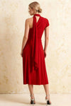 Ida Red Asymmetric Neck Midi Dress with Scarf Detail
