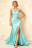 Isabella Aqua Satin Square Neck Maxi Dress