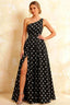 Jacqueline Black Polka Dot A-line One Shoulder Maxi Dress