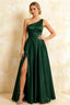 Jacqueline Dark Green Satin A-line One Shoulder Maxi Dress