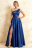 Jacqueline Royal Blue Satin A-line One Shoulder Maxi Dress