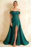 Jeanne Emerald Green Satin Off Shoulder Maxi Dress