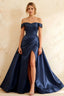Jeanne Navy Blue Satin Off Shoulder Maxi Dress