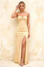 Jennifer Champagne Satin Spaghetti Straps Slit Maxi Dress