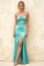 Jennifer Turquoise Satin Spaghetti Straps Slit Maxi Dress