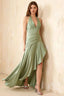 Jessica Light Green Satin Asymmetrical Halter Neck Maxi Dress