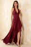 Jessica Merlot Satin Asymmetrical Halter Neck Maxi Dress