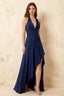 Jessica Navy Blue Satin Asymmetrical Halter Neck Maxi Dress