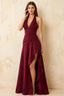 Jessica Wine Satin Asymmetrical Halter Neck Maxi Dress