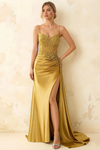 Joan Golden Satin Mermaid Beaded Maxi Dress