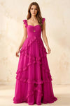 Johanna Hot Pink Chiffon Cutout Ruffles Maxi Dress