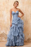 Judith Dusty Blue Sheer Mermaid Ruffle Maxi Dress