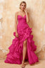 Judith Fuchsia Sheer Mermaid Ruffle Maxi Dress