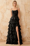 June Black Satin Floral Jacquard Ruffles Maxi Dress