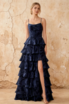 June Dark Navy Satin Floral Jacquard Ruffles Maxi Dress