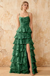 June Emerald Green Satin Floral Jacquard Ruffles Maxi Dress