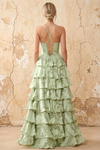 June Light Green Satin Floral Jacquard Ruffles Maxi Dress