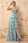 June Powder Blue Satin Floral Jacquard Ruffles Maxi Dress