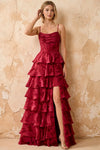 June Red Satin Floral Jacquard Ruffles Maxi Dress