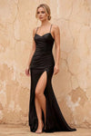Karen Black Satin Pleated Slit Maxi Dress