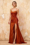 Karen Burnt Orange Satin Pleated Slit Maxi Dress