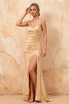 Karen Champagne Satin Pleated Slit Maxi Dress