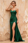 Karen Dark Green Satin Pleated Slit Maxi Dress