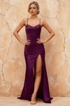 Karen Dark Purple Satin Pleated Slit Maxi Dress