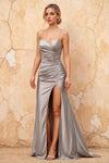 Karen Grey Satin Pleated Slit Maxi Dress