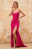 Karen Hot Pink Satin Pleated Slit Maxi Dress
