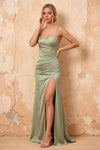 Karen Mint Satin Pleated Slit Maxi Dress