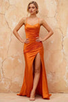 Karen Orange Satin Pleated Slit Maxi Dress