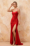 Karen Red Satin Pleated Slit Maxi Dress