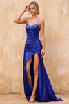 Karen Royal Blue Satin Pleated Slit Maxi Dress