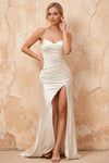 Karen White Satin Pleated Slit Maxi Dress