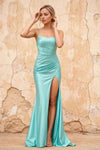 Kate Aqua Satin Pleated Lace-Up Maxi Dress