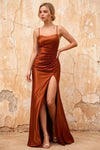 Kate Burnt Orange Satin Pleated Lace-Up Maxi Dress