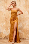Kate Gold Satin Pleated Lace-Up Maxi Dress