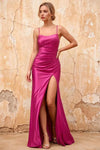 Kate Hot Pink Satin Pleated Lace-Up Maxi Dress