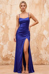 Kate Royal Blue Satin Pleated Lace-Up Maxi Dress